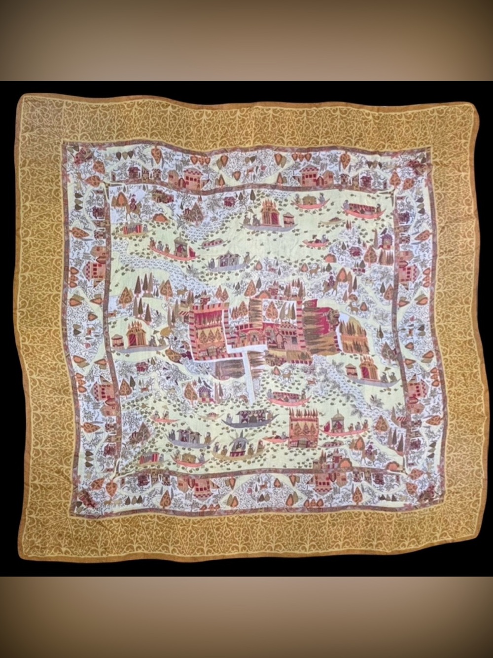 Vintage 100% Silk Salvatore Ferragamo Scarf with Landscape Motif 53.5”x 54.5”